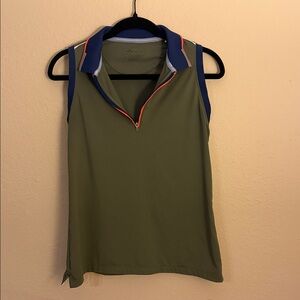 Women's Olive Sleeveless Polo Tank with Blue and Coral Trim